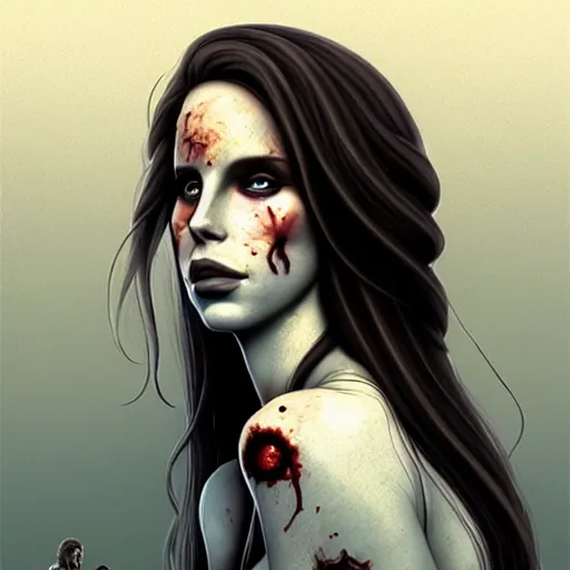 Prompt: color head portrait of lana del rey as a zombie with soft, 7 days to die zombie, gritty background, fine art, award winning, intricate, elegant, sharp focus, cinematic lighting, digital painting, 8 k concept art, art by michael hussar, art by brom, art by guweiz and z. w. gu, 8 k