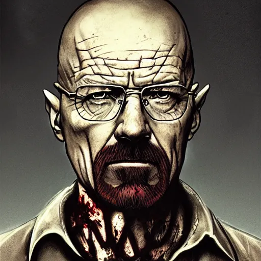 Prompt: Walter White as a zombie, trending on artstation, ultra detailed, 8k, character illustration by Greg Rutkowski, Thomas Kinkade.