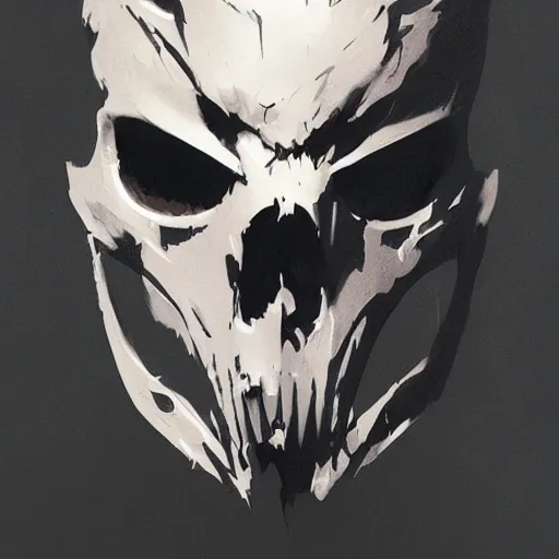 Image similar to full body portrait of a character wearing a black cloak, with a white mask in the shape of an animal skull, the mask covers her entire face, dramatic lighting, illustration by Greg rutkowski, yoji shinkawa, 4k, digital art, concept art, trending on artstation