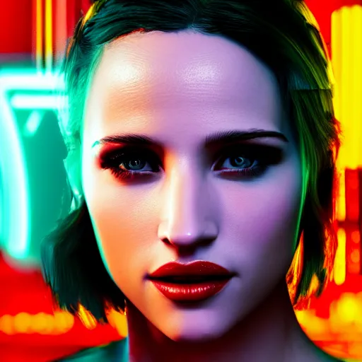 Prompt: dianna agron portrait, Cyberpunk 2077, photorealistic, ultra detailed, cybernetic body parts, neon, octane, bokeh, 8k