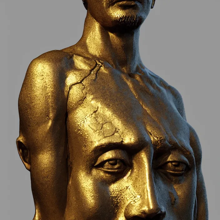 Image similar to stoic statue with empty eyes and a trail of tears made out for gold, vaporwave, aesthetic, naturel, hyper detailed, digital sculpture, trending in artstation, cinematic lighting, studio quality, smooth render, unreal engine 5 rendered, octane rendered, art style by klimt and nixeu and ian sprigger and wlop and krenz cushart