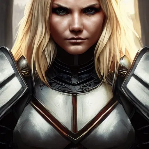 Image similar to front centered symmetrical RPG avatar portrait, Elisha Cuthbert as a paladin, blonde hair, black armour, dramatic lighting, cinematic, establishing shot, high detail, photo realistic, cinematic lighting, post processed, 8k, concept art, artstation, matte painting, in the style of eddie mendoza, raphael lacoste, alex ross