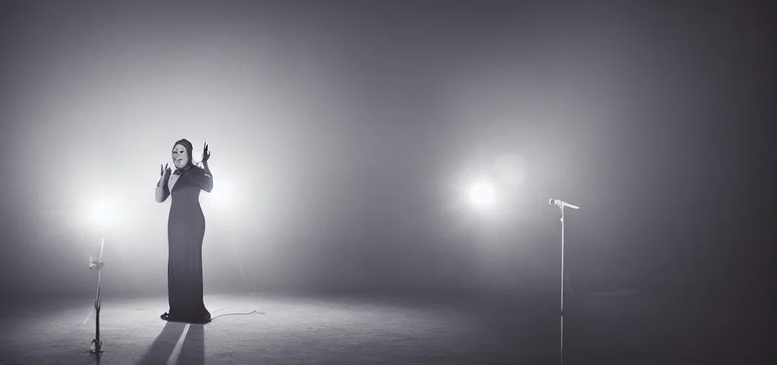 Image similar to an opera singer in a blue, barren land lit with a pink spotlight, 35mm, cinematic