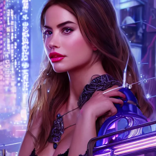 Image similar to sofia vergara portrait futuristic ana de armas cyberpunk cowgirl, neon light rooftop, fantasy, intricate and very very beautiful and elegant, highly detailed, digital painting, artstation, concept art, smooth and sharp focus, tight fit, illustration, art by tan zi and ayanamikodon and alphonse mucha and wlop