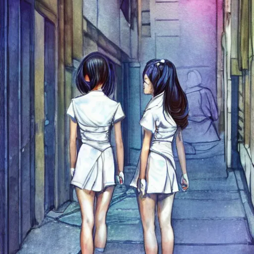 Prompt: a perfect, realistic professional digital sketch of a Japanese schoolgirls posing in a futuristic alleyway, style of Marvel, full length, by pen and watercolor, by a professional American senior artist on ArtStation, a high-quality hollywood-style sketch, on high-quality paper