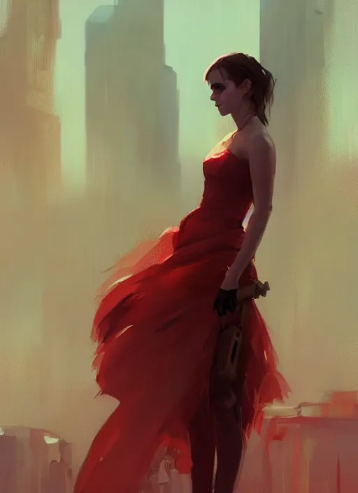 Image similar to a digital painting of Emma Watson wearing a cyberpunk red dress, by netter, style from greg rutkowski, beautiful eyes, full frame, oil painting, featured on artstation, concept art, smooth, sharp focus, illustration, very detailed, ambient lighting, unreal engine render, concept art by Atey Ghailan, by Loish, by Bryan Lee O'Malley