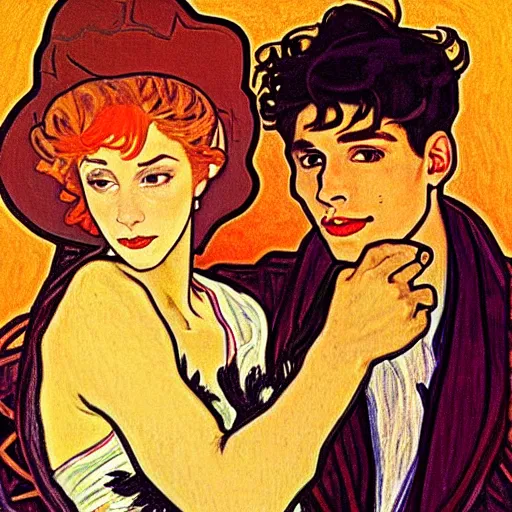 Prompt: painting of handsome young delicate beautiful jeffrey in his 2 0 s with brown hair and gorgeous rina together at the jack o'lantern halloween party, elegant, clear, painting, stylized, art, art by alphonse mucha, vincent van gogh, egon schiele,