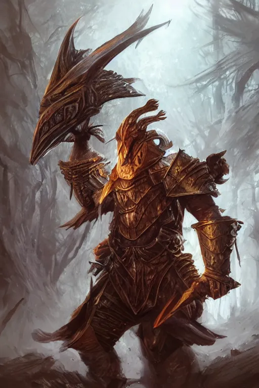 Image similar to Huge fishheaded warrior in armor, portrait, woodlands, magic the gathering artwork, D&D, fantasy, cinematic lighting, centered, symmetrical, highly detailed, digital painting, artstation, concept art, smooth, sharp focus, illustration, volumetric lighting, epic Composition, 8k, art by Akihiko Yoshida and Greg Rutkowski and Craig Mullins, oil painting, cgsociety