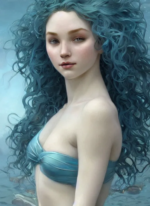 Prompt: ultra realistic digital painting of a mermaid, pale blue skin, azure curly hair, innocent expression, intricate, elegant, concept art, smooth, sharp focus, art by artgerm and greg rutkowski and alphonse mucha