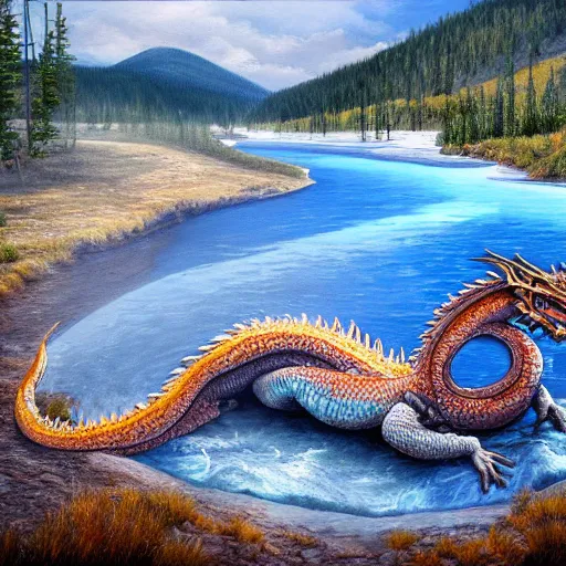 Image similar to highly detailed oil painting of a dragon resting in a hotspring at yellowstone national park, featured on artstation