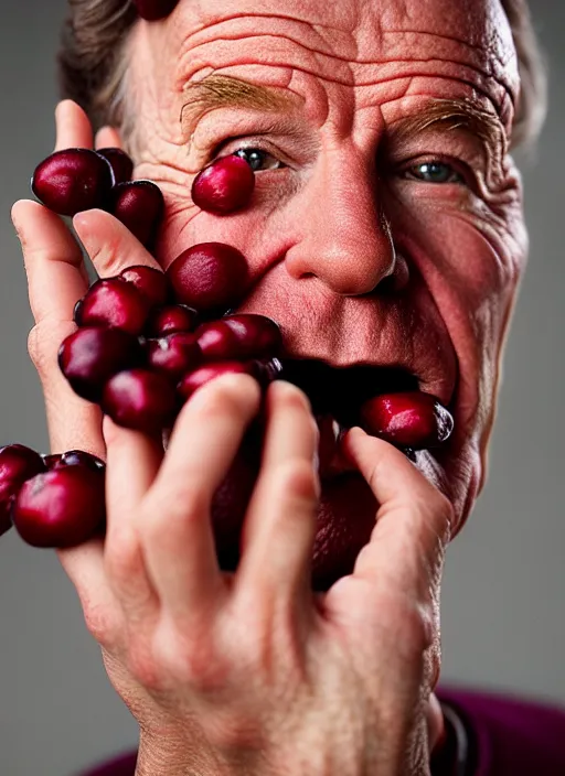 Image similar to bryan cranston bulging cheeks eating cranberries, open mouth filled with cranberries, studio light, bloom, detailed face, magazine, press, photo, steve mccurry, david lazar, canon, nikon, focus