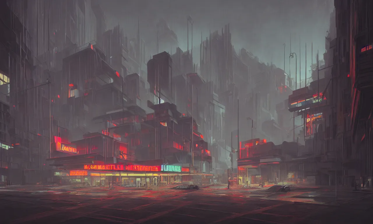 Image similar to brutalist architecture, colorful neon signs, raphael lacoste, eddie mendoza, alex ross, concept art, matte painting, highly detailed, rule of thirds, dynamic lighting, cinematic, detailed, denoised, centered