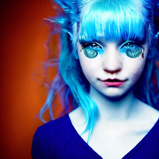 Prompt: The dragon girl portrait, portrait of young girl half dragon half human, dragon girl, dragon skin, dragon eyes, dragon crown, blue hair, long hair, highly detailed, cinematic lighting, chiaroscuro lighting, By David Lynch