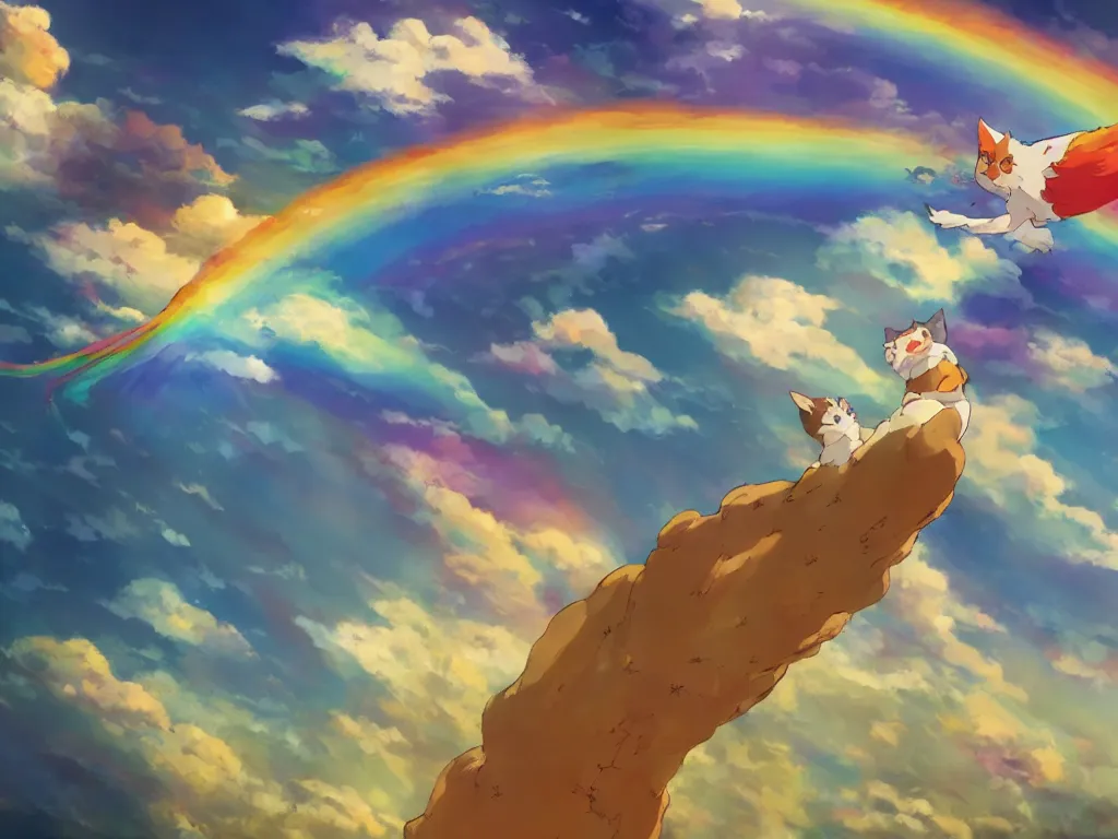 Image similar to a flying rainbow - colored cat, studio ghibli, anime, 4 k wallpaper, artstation