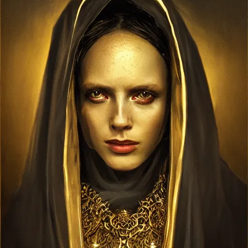 Image similar to a portrait of a young woman wearing a long dark cloak, hood and shadows covering face, holding golden chains, oil painting, matte painting, black background, Volumetric Golden dappled dynamic lighting, Highly Detailed, Cinematic Lighting, Unreal Engine, 8k, HD, by Beksinski