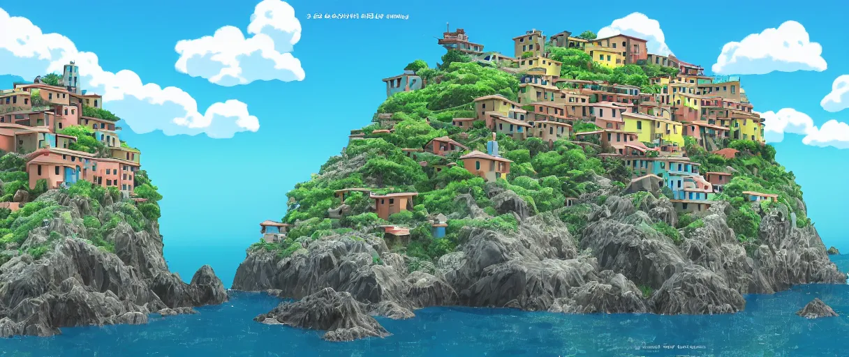 Image similar to pixar 3D render, by studio ghibli, (french bande dessinée), solarpunk, 1244, fantasy setting, jrpg, mediterranean landscape, quaint old village, cinq terre, highly detailed, luminous, white rock, bright beautiful teal sky and sea, style by moebius, radiosity, concept art, unreal engine