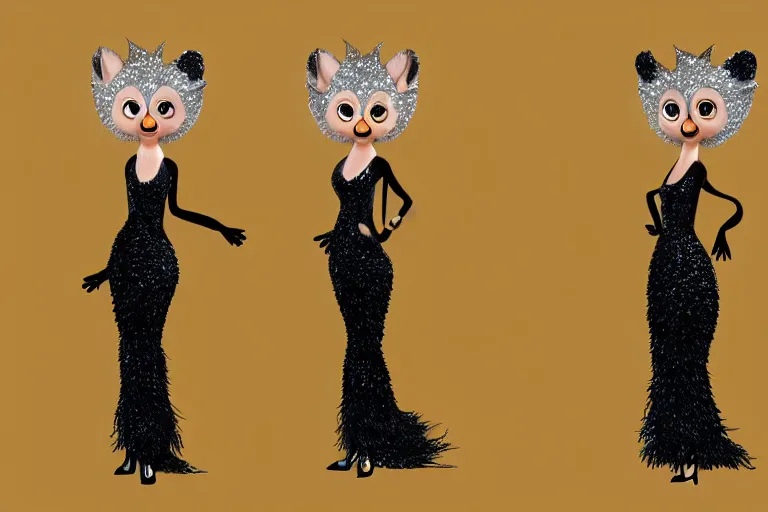 Prompt: detailed flat 2 d : female marten character : wearing diamonds : wearing showgirl sequins feathers dress : head legs silver shoes : lorax movie : artstation