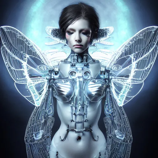 Image similar to a beautiful intricate fine art portrait photo of a a mechanical industrial steampunk cybernetic angel with neon wings against galactic space, soft backlight, by tom bagshaw and zach sutton, perfection!, milk bath photography, studio lighting, 3 5 mm lens, very detailed, bionic, cybernetic scifi, deep depth of field, artstation, 8 k, highly coherent