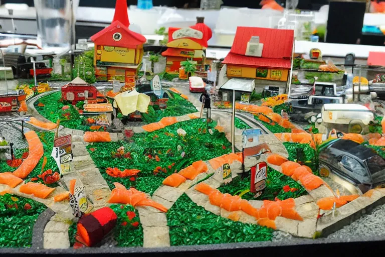 Image similar to miniature town made of sushi, diorama picture, 5 5 mm, sushitown