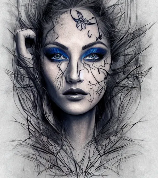 Image similar to tattoo design sketch of a beautiful blue - eyed woman face with a faded background of beautiful mountains and nature on her side, hyper - realistic, in the style of den yakovlev, amazing detail, black and white