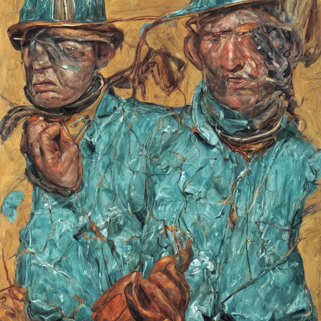 Prompt: high quality high detail painting by lucian freud, jenny savile, portrait of fire trooper, turquoise, hd