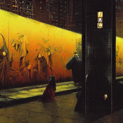 Prompt: a some people waiting in a lone bus stop in quiet dark city night, high quality, high resolution,detailed,Beksinski painting, part by Adrian Ghenie and Gerhard Richter. art by Takato Yamamoto. masterpiece