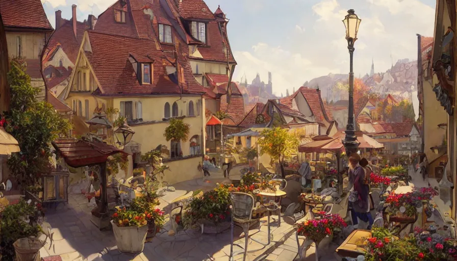 Prompt: Stefan Koidl's painting of a european town, view from cafe terrace. 4k, octane, digital painting, artstation, concept art, sharp focus, illustration, art by artgerm and greg rutkowski and alphonse mucha.