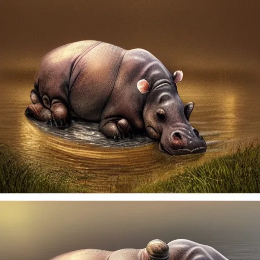 Prompt: very sad hippo waking up in a beautiful river landscape, birds flying, sunrise, drawn by brigette barager, intricate details, beautiful shading, emotional, trending on artstation