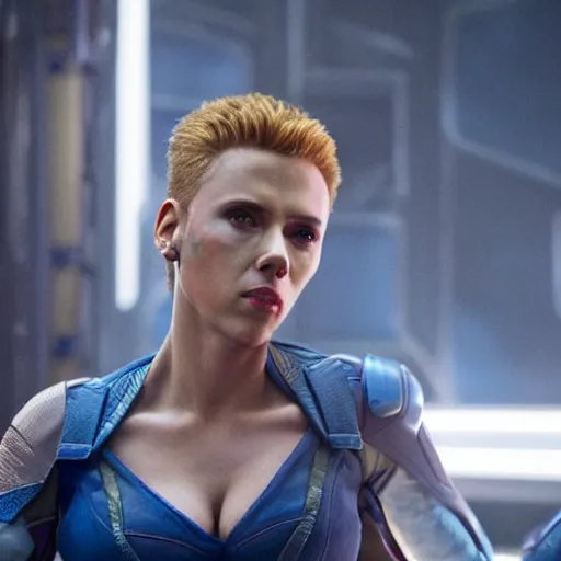 Prompt: film still of Scarlett Johansson as Nebula in Guardians of the galaxy, bald, blue, prosthetics on face