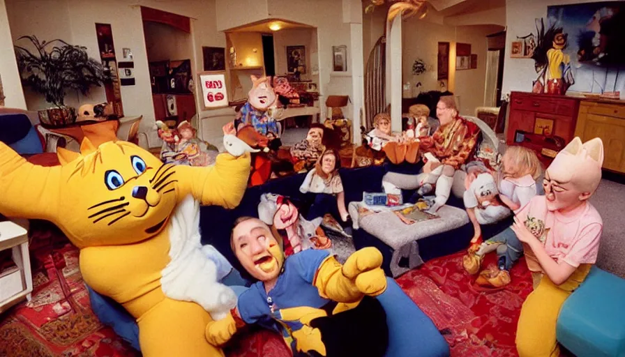 Image similar to 1990s candid 35mm photo of a beautiful day in the living room, cinematic lighting, cinematic look, golden hour, large costumed mascot people interacting with families, Enormous personified mascot people with outstandingly happy faces coming out of a portal and showing families how to teleport, cats playing video games in the background, UHD