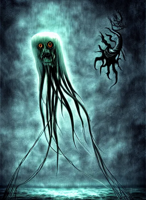 Image similar to bigfin squid, horror style, digital art, monster, ominous underwater environment, dark souls, terrifying, epic surrealism