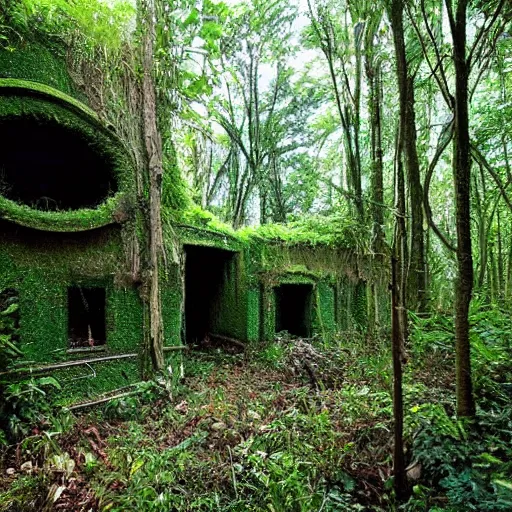 Image similar to abandoned, overgrown, underground bunker. jungle room with trees.