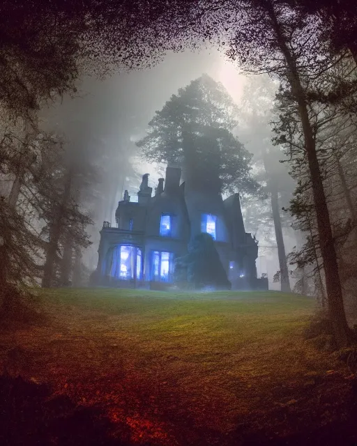 Image similar to a wide angle low photo of a colossal haunted victorian mansion on the edge of a cliff above a misty forest at night, saturated color, volumetric light, epic proportions, ectoplasm, mystical, occult, alchemy, ultra detailed, 8 k