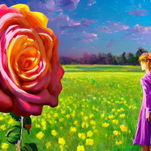 Image similar to large rose face, girl standing in a flower field, surreal photography, sunrise dramatic light, impressionist painting, colorful clouds, digital painting, artstation, simon stalenhag