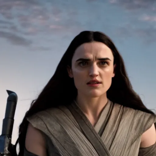 Image similar to a movie still of katie mcgrath as a jedi master