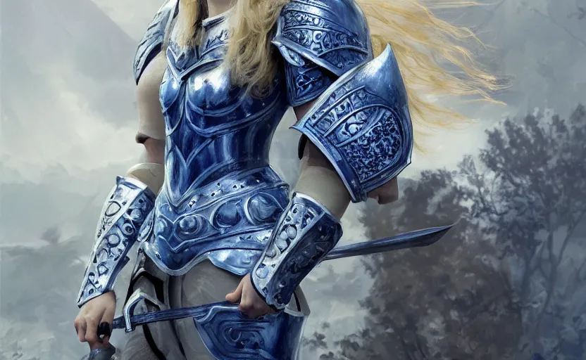 Prompt: young blonde female warrior in heavy blue and white armor, surrounded by crowd of knights, epic wallpaper, wide shot, high fantasy, flowers and trees, intricate detail, digital painting, artstation, concept art, smooth, sharp focus, illustration, art by monia merlo and wlop and artgerm and craig mullins