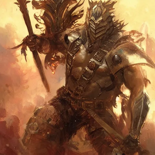 Image similar to a fierce and muscular male warrior in full armor, handsome, fantasy character portrait by greg rutkowski, gaston bussiere, craig mullins, simon bisley