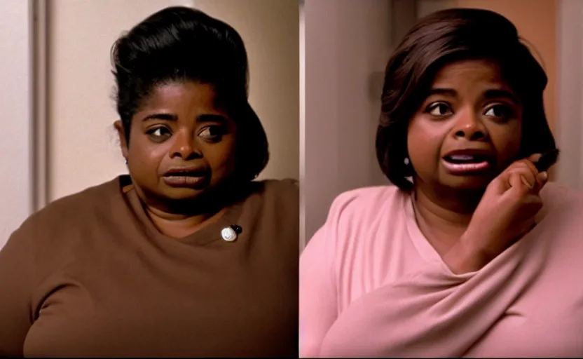 Image similar to cinematic shot from a 1 9 8 5 paranoid thriller, screenshot of octavia spencer removes a hearing device from her ear, in the near future, film directed by stanley kubrick, color theory, apartment design, leading lines, photorealistic, volumetric lighting