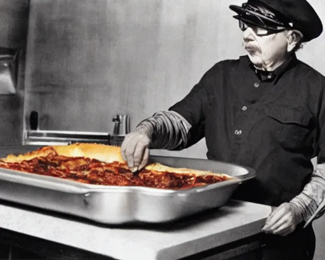 Prompt: candid photo of captain beefheart removing a lasagne from the oven