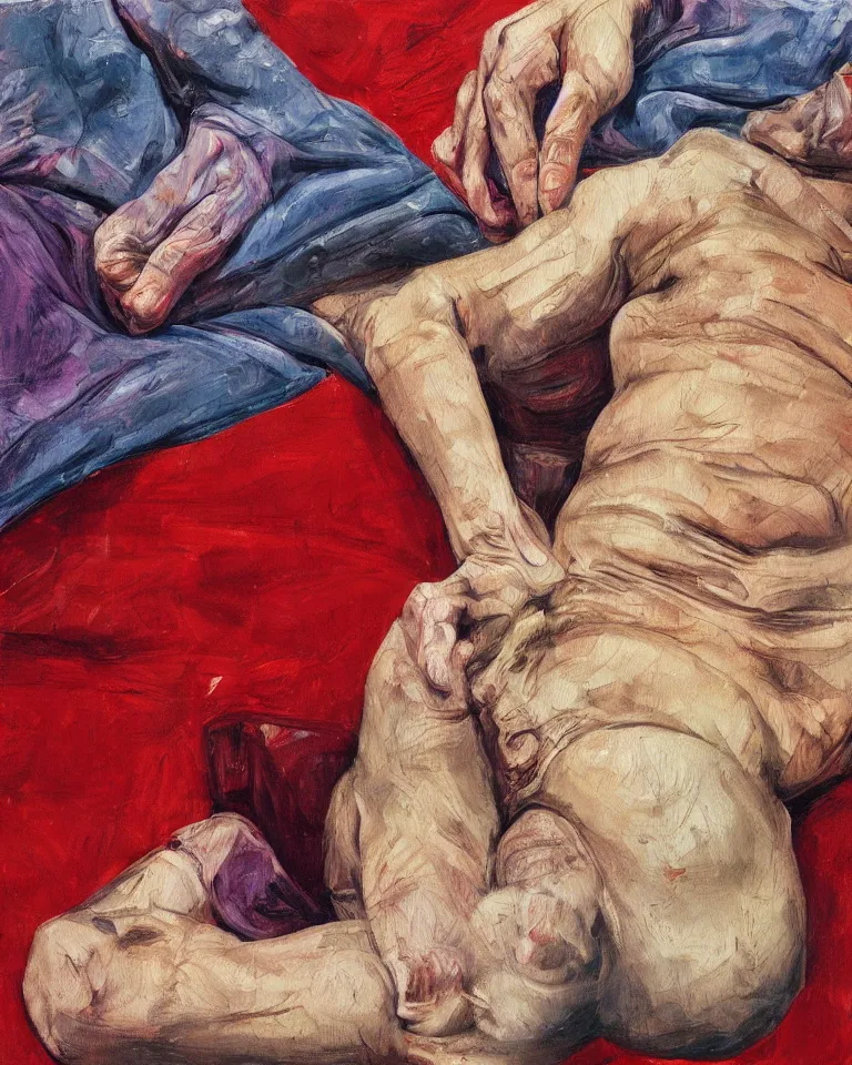 Prompt: high quality painting by lucian freud, hd, high contrast, fine details, hd, red, dark cyan, purple