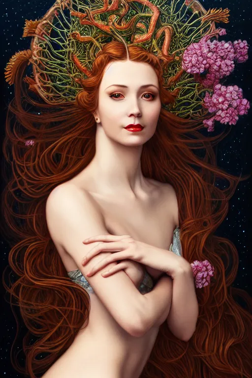 Image similar to portrait of a young attractive nerdy woman in flowing sensual dress, arrogant, long fine flowing hair, delicate, looking at camera, slightly awkward smile, realistic face, realistic hands, stylish, elegant, grimdark fantasy, flowers, extremely detailed painting inspired by Gerald Brom and Ernst Haeckel and Sandro Botticelli , studio lighting