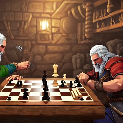 Image similar to Geralt of Rivia and Ciri playing chess in a tavern. geralt de rivia and ciri play at a table in the middle of the tavern, pixel art by Gerardo Quiroz, devian art, 4k