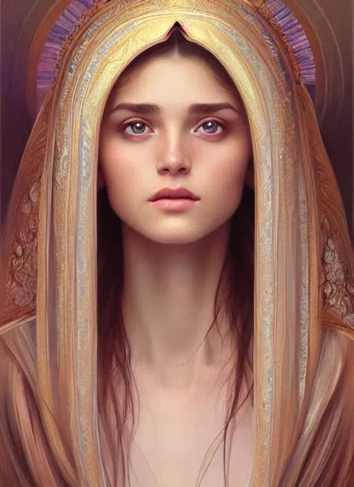 Image similar to beautiful ukrainian feminine face! portrait of young woman blessed by god with ever - increasing physical and mental perfection, beautiful hair, symmetrical! intricate, elegant, highly detailed, vision of holy perfection!! smile, digital painting, artstation, concept art, smooth, sharp focus, illustration, art by artgerm and greg rutkowski and alphonse mucha