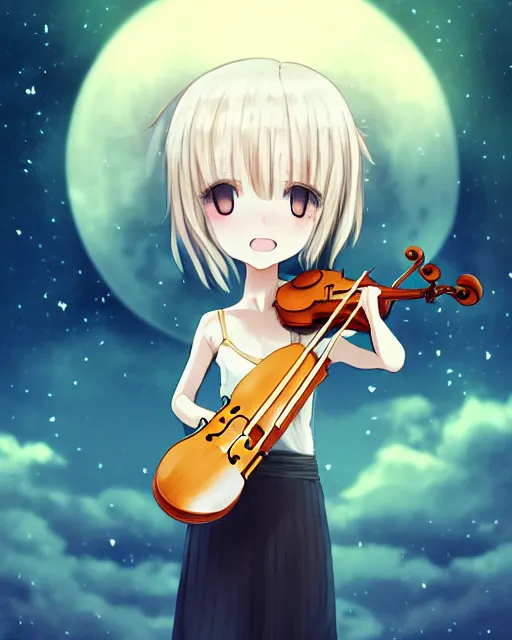 Prompt: chibi, cute, melancholy, full body, cat girl with white skin and golden long wavy hair holding a violin and playing a song, stunning art style, filters applied, lunar time, night sky, trending art, sharp focus, centered, landscape shot, fate zero, simple background, studio ghibly makoto shinkai yuji yamaguchi, by wlop