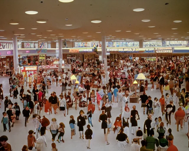 Image similar to the interior of a colorful 1 9 8 0 s mall packed with mall - goers