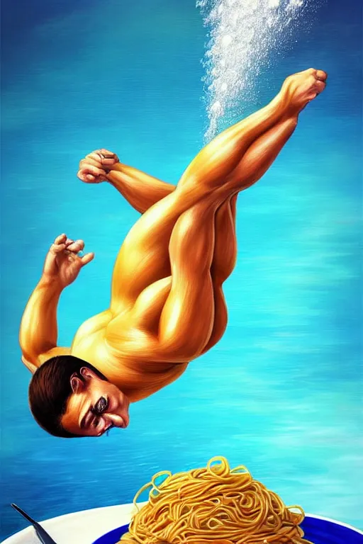 Image similar to olympic diving springoard, diver is diving head down into a dish of pasta, detailed realistic art, artgerm