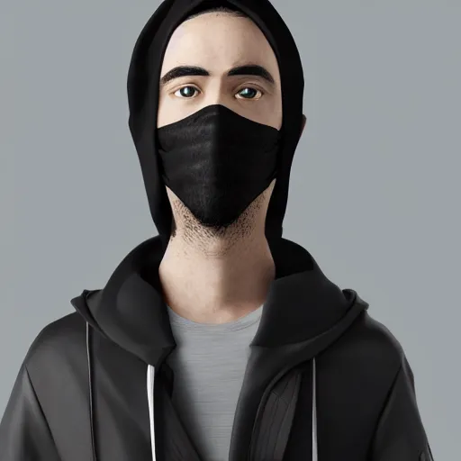 Prompt: a highly detailed, portrait of a man with black hair with a black medical mask, in a hood in the form of a shark, artstation, DeviantArt, professional, octane render, digital art