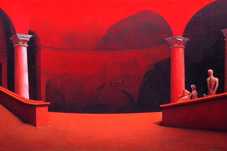 Image similar to only with red, a red great emperor, taormina amphitheatre, expressive crowd hails him, in the style of beksinski, parts by edward hopper, parts by rodcenko, parts by yue minjun, intricate and epic composition, red by caravaggio, insanely quality, highly detailed, masterpiece, red light, artstation, 4 k