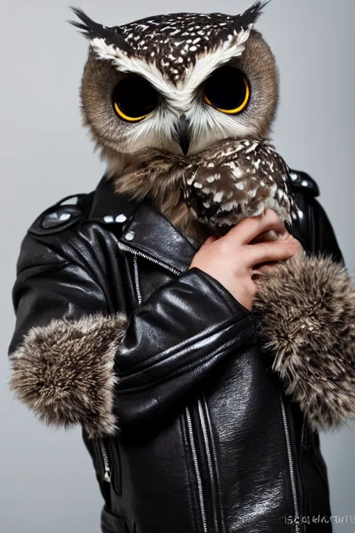 Image similar to cute little owl wearing black biker jacket, portrait photo, backlit, studio photo, dark plasma background