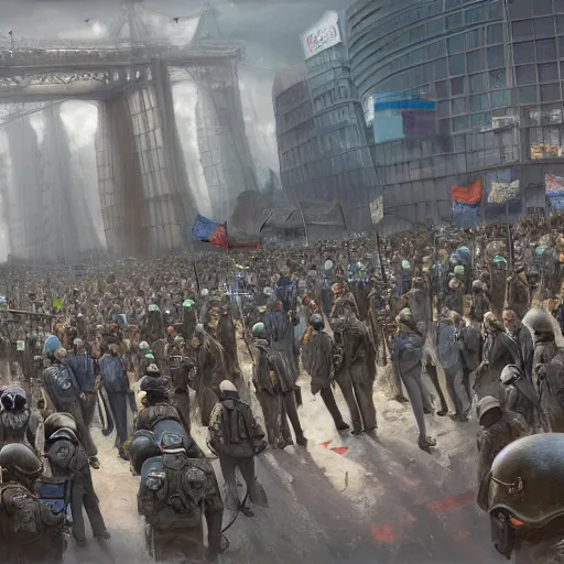 Image similar to police lined up, standing against the crowd of protesters, concept art, intricate details, highly professionally detailed, cgsociety, highly detailed -